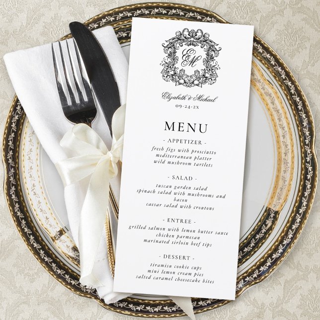 Menu Casamento de Crest do Monograma Formal Elegante (Criador carregado)