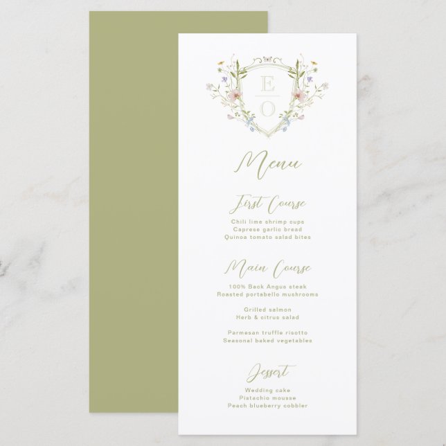 Menu Casamento de Crest do Pastel Wildflower (Frente/Verso)
