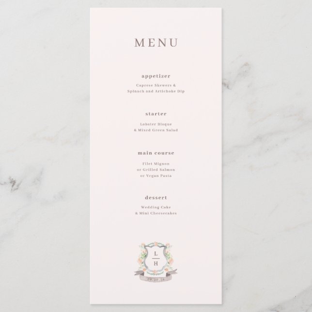 Menu Casamento de Crest Floral com Aquarela Monograma (Frente)