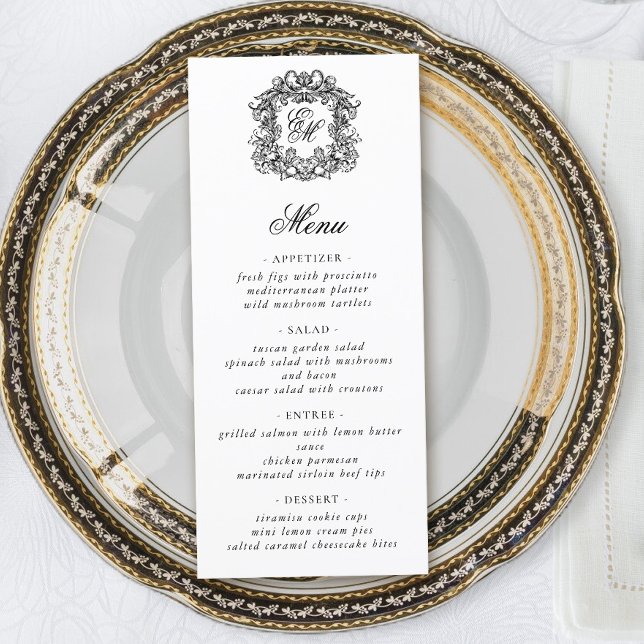 Menu Casamento de Crest Monograma de Script Elegante (Criador carregado)