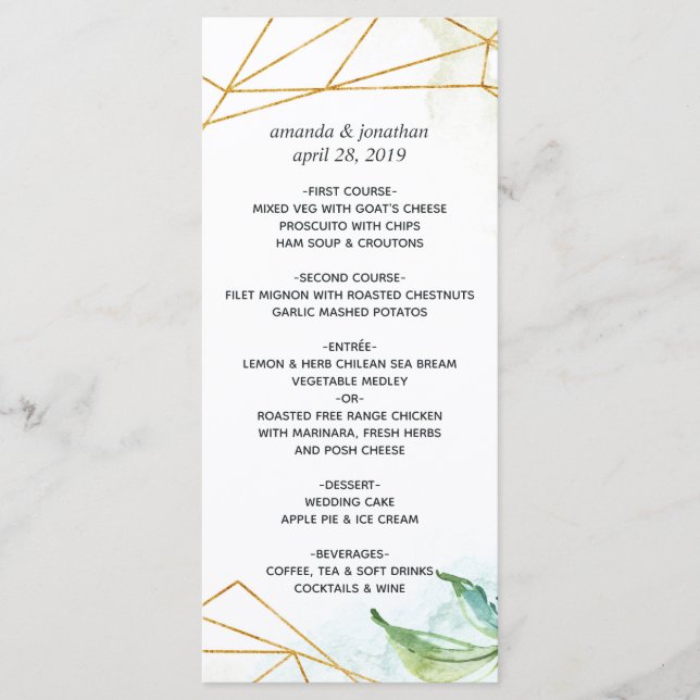 Menu Casamento de Cristal Geométrico por Aquarela (Frente)