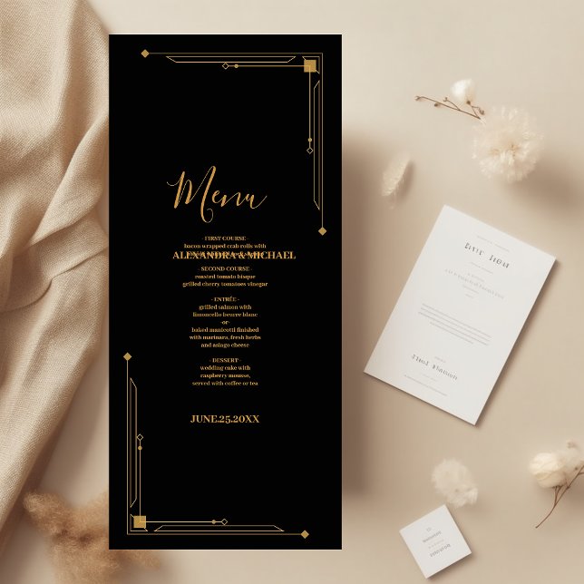 Menu Casamento de Deco de Arte Dourada e Preta Elegante (Criador carregado)
