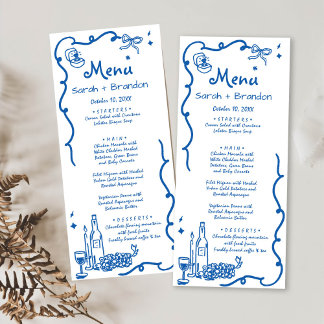 Menu Casamento de Desenho de Mão Azul Whimsical