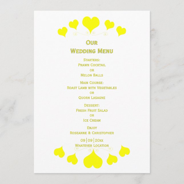 Menu Casamento de Design Corações Amarelos (Frente)