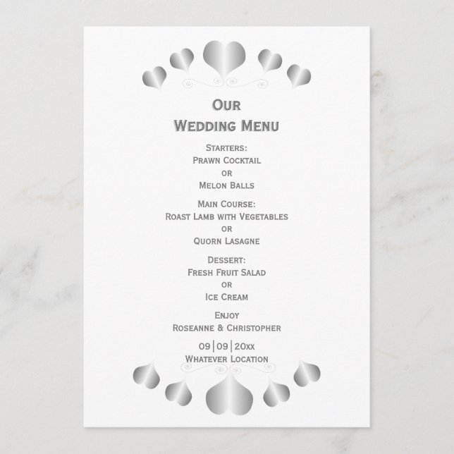 Menu Casamento de Design de Corações de Prata (Frente)