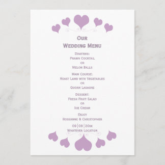 Menu Casamento de Design de Corações Lilás