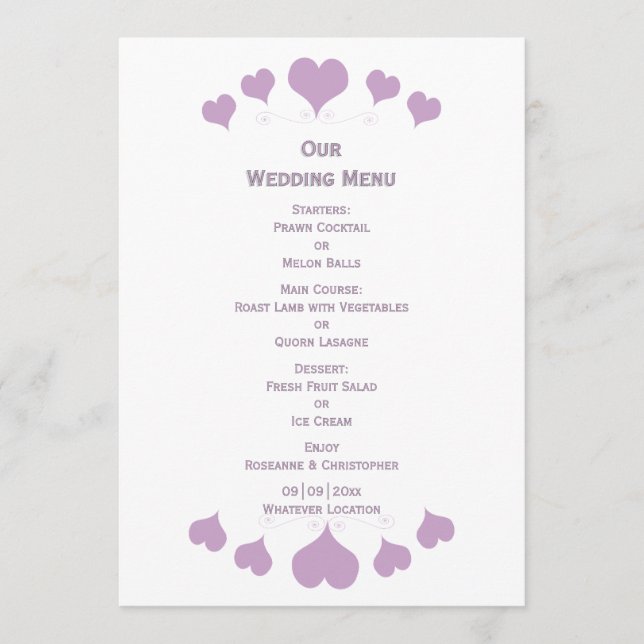 Menu Casamento de Design de Corações Lilás (Frente)