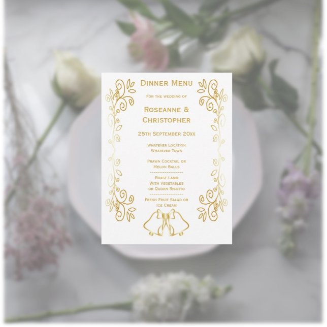 Menu Casamento de Design de Corda Dourada com Bells (Gold wedding menu bells and scrollwork design)