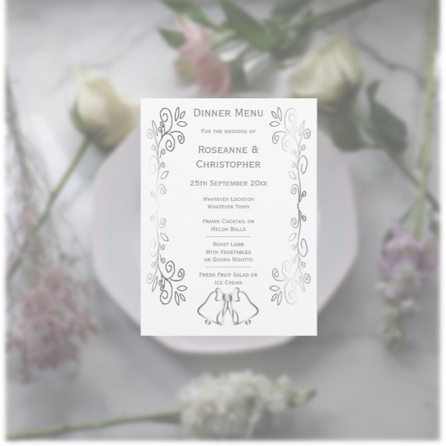 Menu Casamento de Design de Rolagem de Silver Bells (Silver wedding menu bells and scrollwork design)