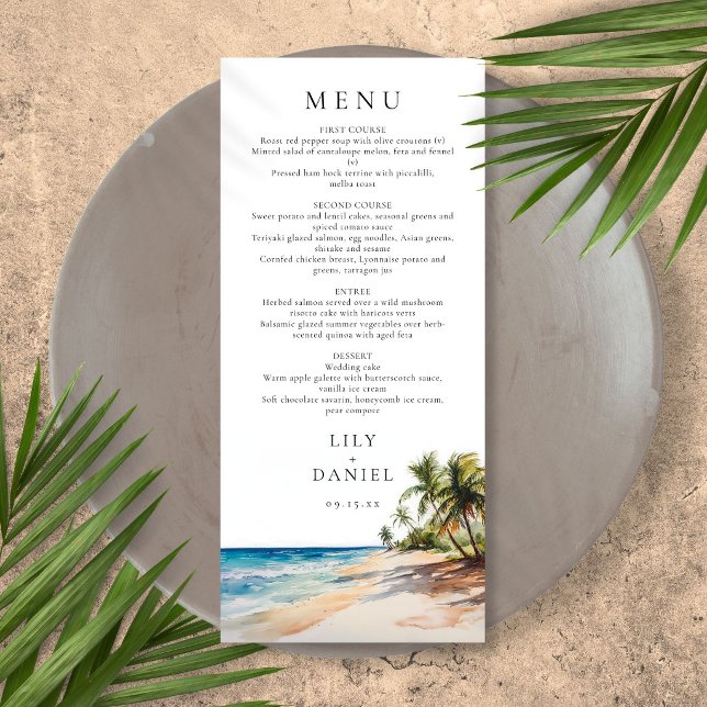 Menu Casamento de Destino Tropical em Aquarela (Watercolor Tropical Beach Destination Wedding Menu)