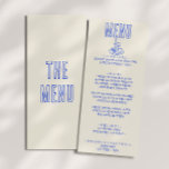 Menu Casamento de Diversão Azul Desenhado à Mão<br><div class="desc">Uma mão colorida e retro,  desenhada,  desenhada no menu de janto de casamento azul. Que apresenta o design modelo chic de boho vintage,  fundo cremoso e tipografia azul e menu escrito à mão em azul. E fundo brilhante. Perfeito e compatível com toda a suíte.</div>