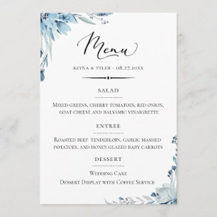 Menu Casamento de Dusty Blue Floral com Tipografia Chic