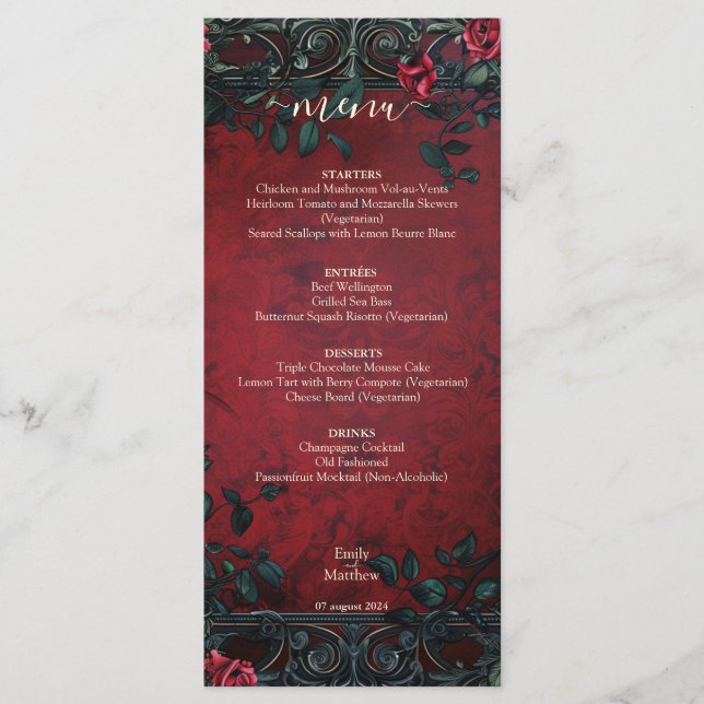 Menu Casamento de Elegância Gótica Vitoriana (Frente)