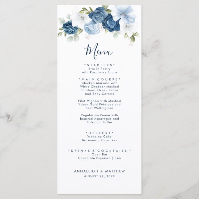 Menu Casamento de Elegante Dusty Blue Botanical Greener (Frente)