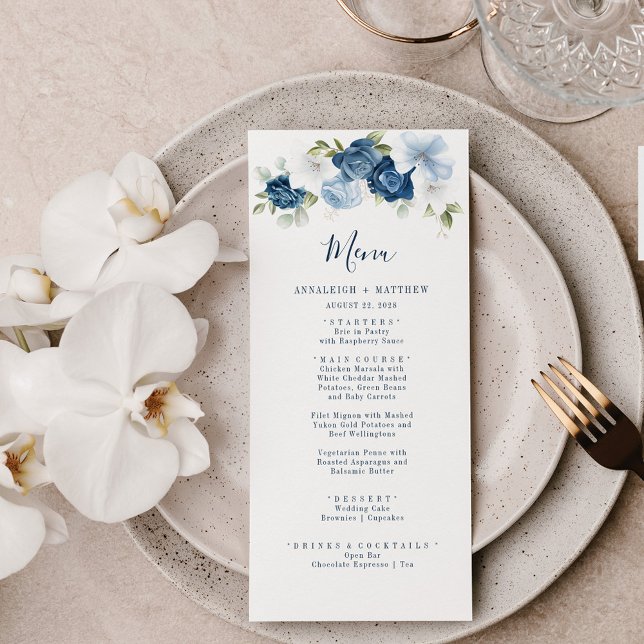 Menu Casamento de Elegante Dusty Blue Floral Greenery (Criador carregado)