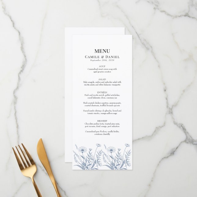 Menu Casamento de Elegante Wildflower Periwinkle (Frente/Verso In Situ)