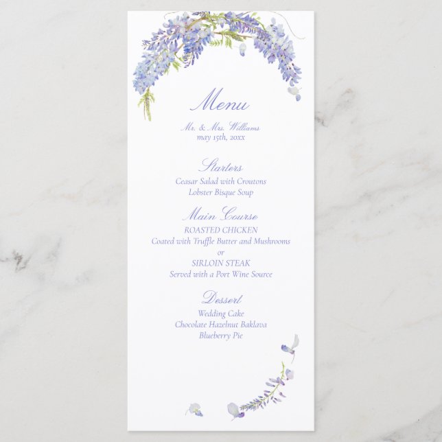 Menu Casamento de Escrita Botânica de Wisteria Roxo Ele (Frente)