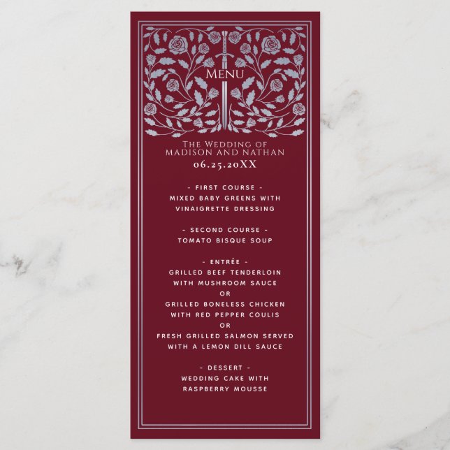 Menu Casamento de Espada Real Medieval Silver Red (Frente)