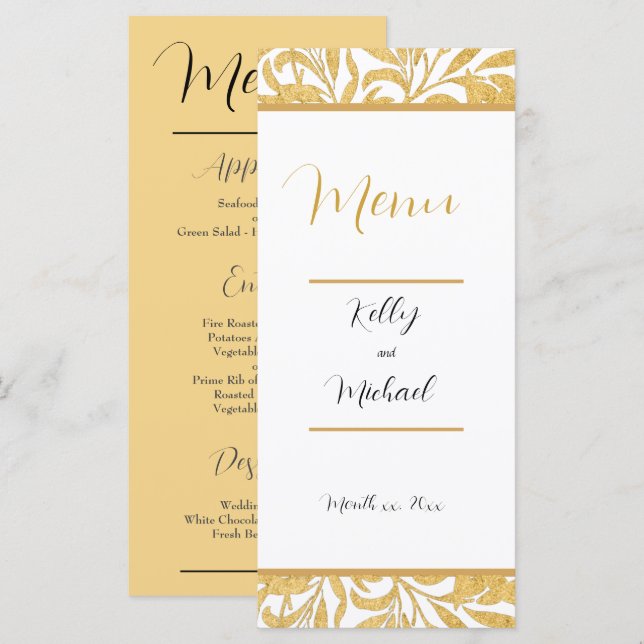 Menu Casamento de Estilo Elegante Dourado e Negro (Frente/Verso)