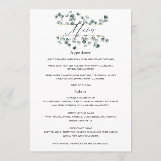Menu Casamento de Eucalipto em Aquarela (Frente)