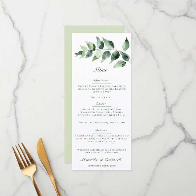 Menu Casamento de Eucalipto em Aquarela | Branco (Frente/Verso In Situ)