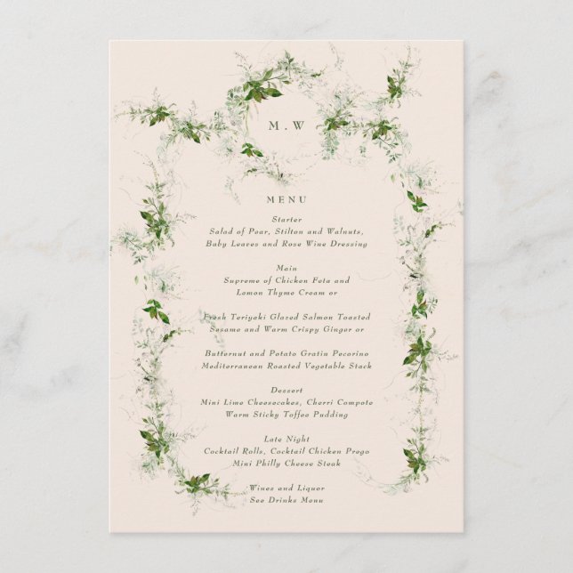Menu Casamento de Eucalyptus Cream, um Monograma, com M (Frente)