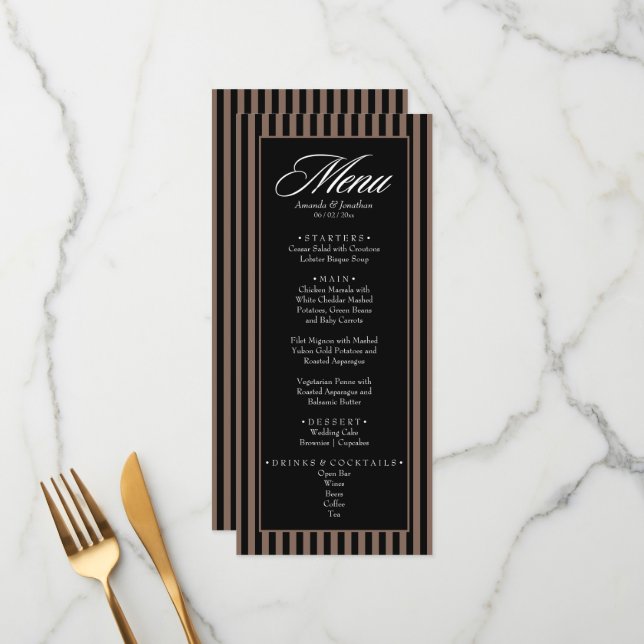 Menu Casamento de faixas verticais escuras e pretas ele (Frente/Verso In Situ)