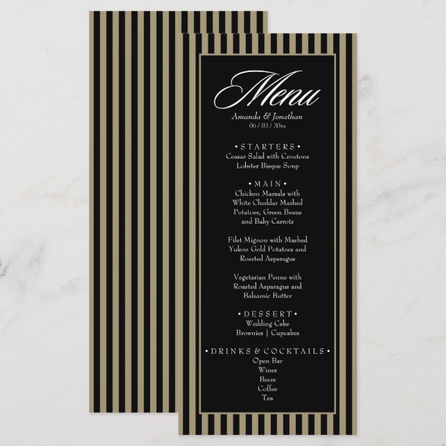 Menu Casamento de faixas verticais verdes e pretas lega (Frente/Verso)