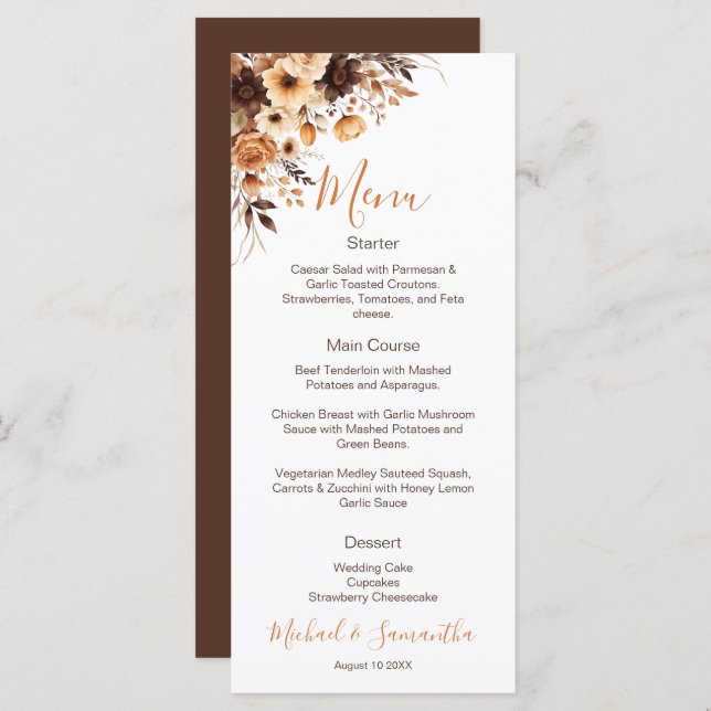 Menu Casamento de Fall Rustic Brown e Ivory Rosa Countr (Frente/Verso)