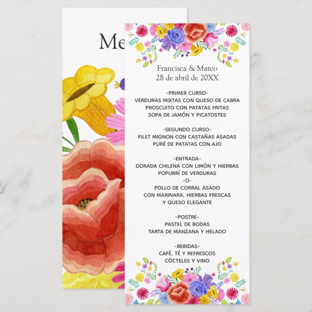 Menu Casamento de Festa Espanhola Floral em Aquarela (Frente/Verso)