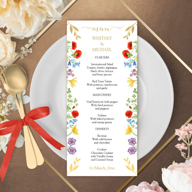 Menu Casamento de Flor Branco Colorida Primavera Wildfl (Colorful Spring Wildflower White Floral Wedding Menu)