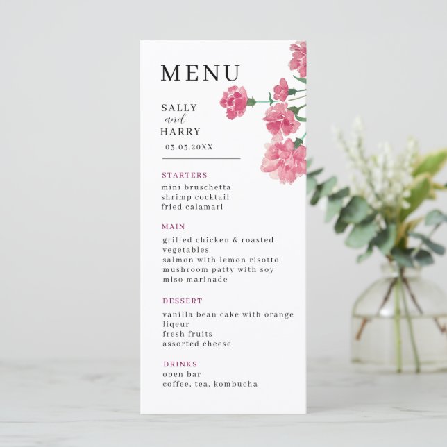 Menu Casamento De Flor Rosa Delicado (Em pé/Frente)