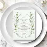 Menu Casamento de flor selvagem verde-esbelta, cor de á<br><div class="desc">Este elegante cardápio de casamento apresenta lindas flores de aquarela pintadas manualmente,  organizadas como uma coroa,  perfeita para primavera,  verão ou casamentos outono. Para uma personalização mais avançada deste design,  clique no BOTÃO FERRAMENTA DESIGN AZUL acima! Itens correspondentes também estão disponíveis.</div>