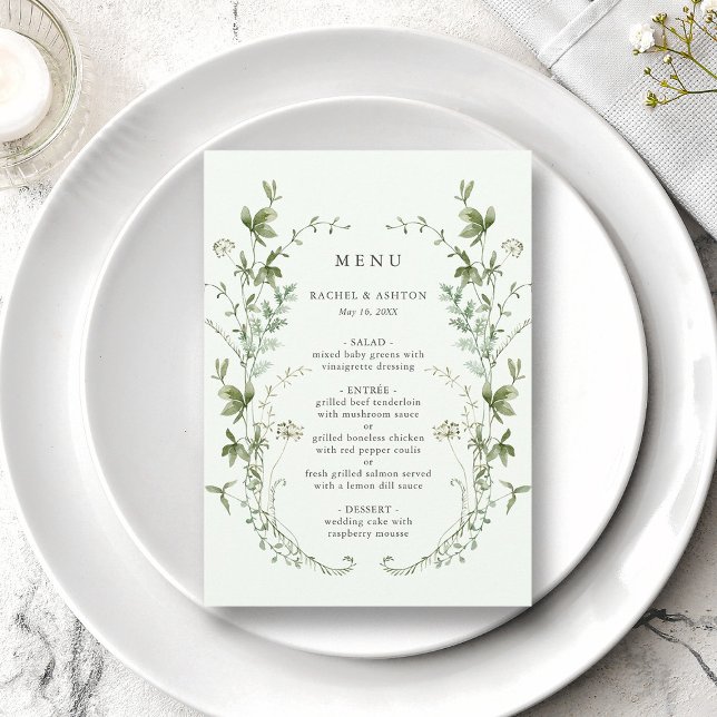 Menu Casamento de flor selvagem verde-esbelta, cor de á (Criador carregado)