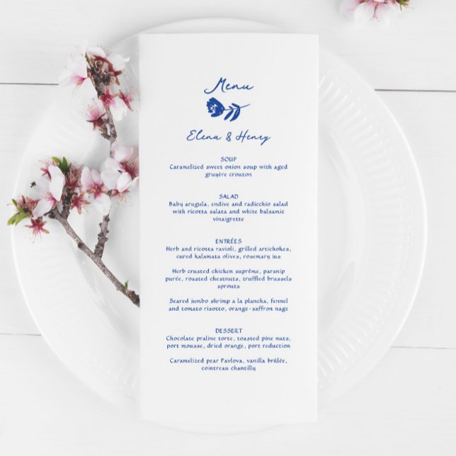 Menu Casamento De Flor Whimsical Desenhado À Mão Azul (Criador carregado)
