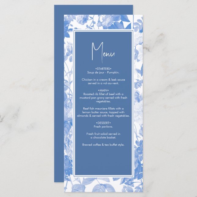 Menu Casamento de Florais Botânicos de Cor Azul (Frente/Verso)
