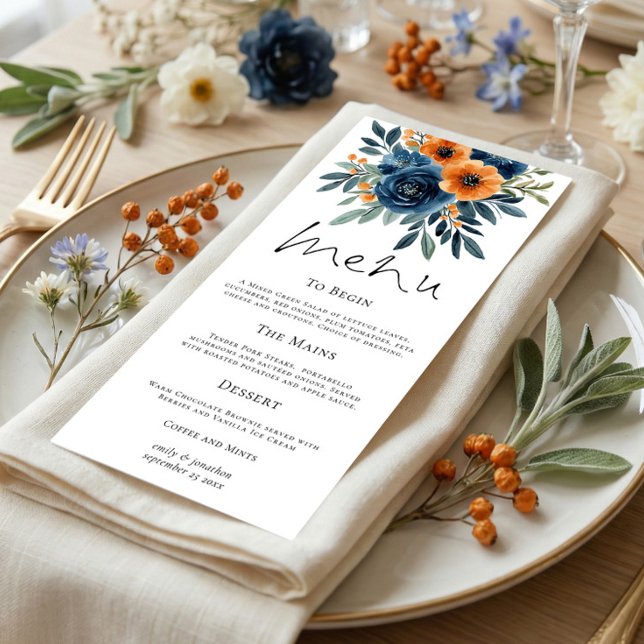 Menu Casamento de Florais Laranja Queimada Azul Marinho (Criador carregado)