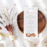 Menu Casamento de Florais Moderno de Pumpkins<br><div class="desc">Casamento de Florais Moderno de Pumpkins. As abóboras laranja e creme e os florais em cores de outono estão no fundo com uma cor coordenadora no verso,  com um roteiro elegante para Menu e fácil personalizar o resto do texto de acordo com as suas necessidades.</div>