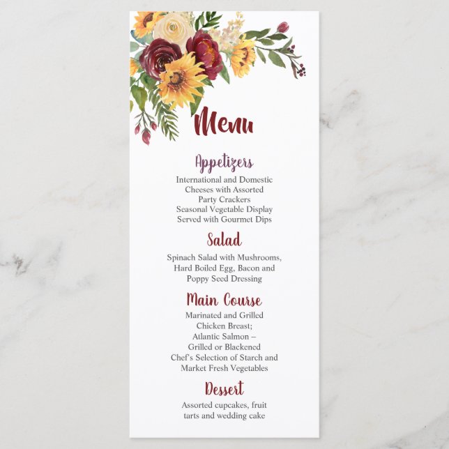 Menu Casamento de Floral Amarelo Amarelo-Sol (Frente)