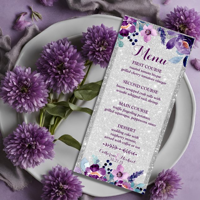 Menu Casamento de Floral e Silver de Aquarela Roxo (Criador carregado)