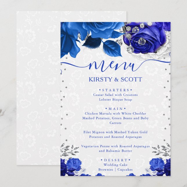 Menu Casamento de Flores Azuis e Prata em Aquarela (Frente/Verso)