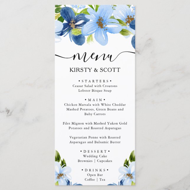 Menu Casamento de Flores Azul Aguarela e Azul Marinho (Frente)