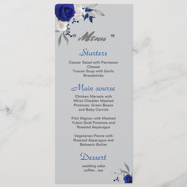Menu casamento de flores brancas azuis reais (Frente)
