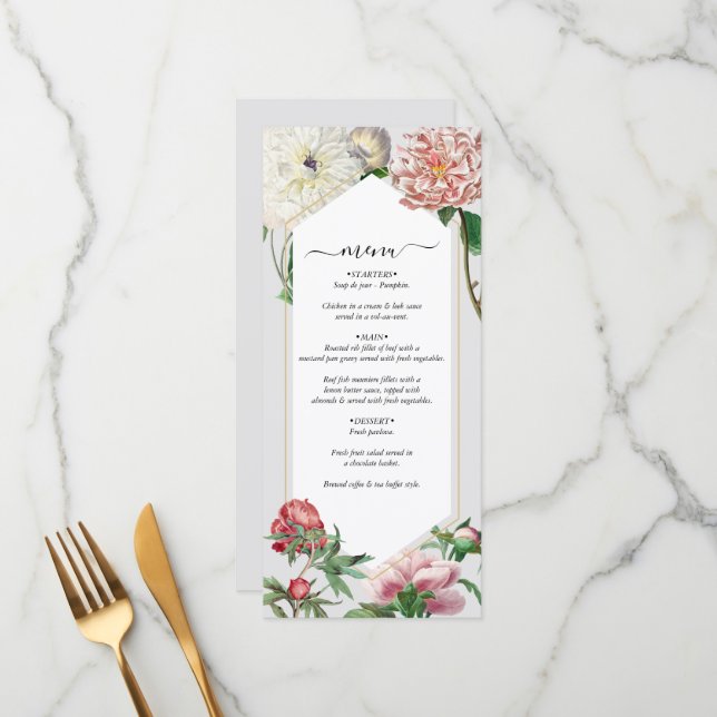 Menu Casamento de Flores Brancas Cor-de-Água Rosa (Frente/Verso In Situ)