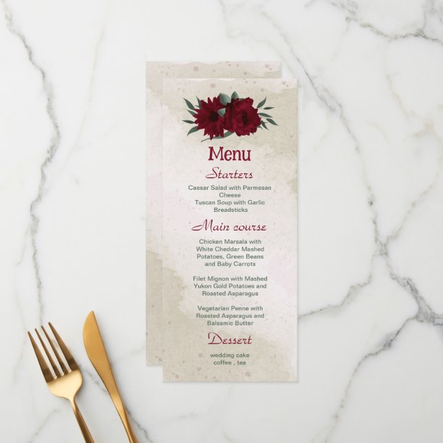 Menu Casamento de flores da Borgonha (Frente/Verso In Situ)