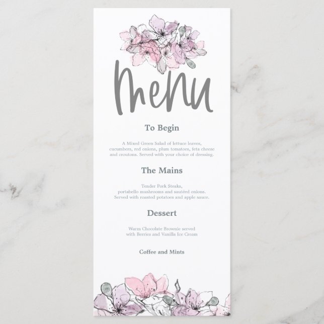 Menu Casamento de Flores de Água Lilac Rosa (Frente)