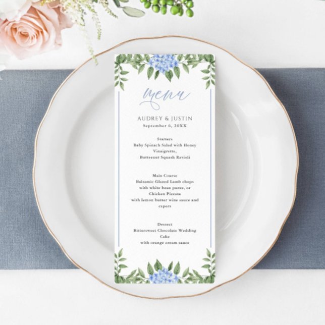 Menu Casamento de Flores de Aquarela Azul Hydrangea (Criador carregado)