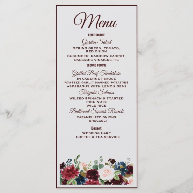 Menu Casamento de Flores de Inglês Azuis (Frente)