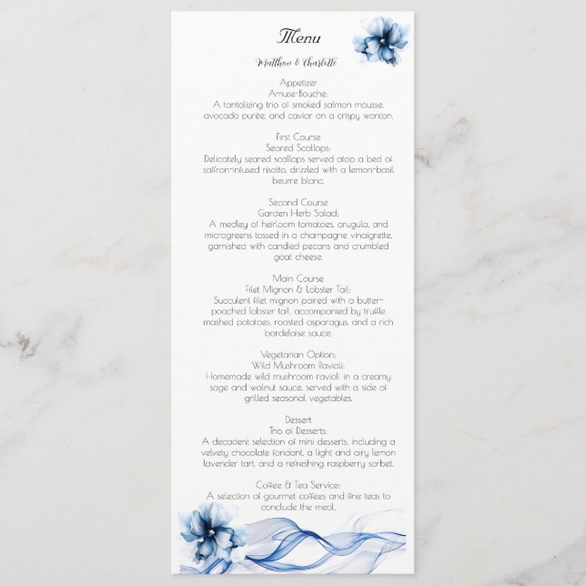 Menu Casamento de Flores de Marinho Azul Elegante Dusty (Frente)