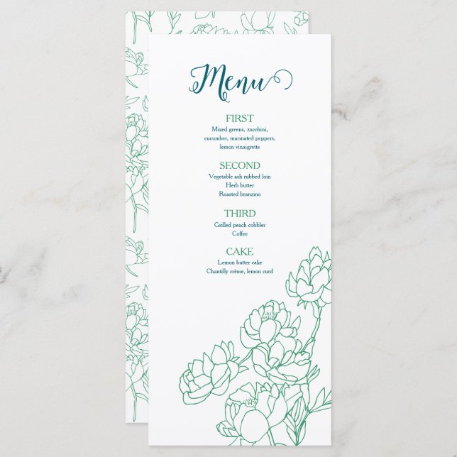 Menu Casamento de Flores de Peônias Desenhadas em Mão V (Frente/Verso)